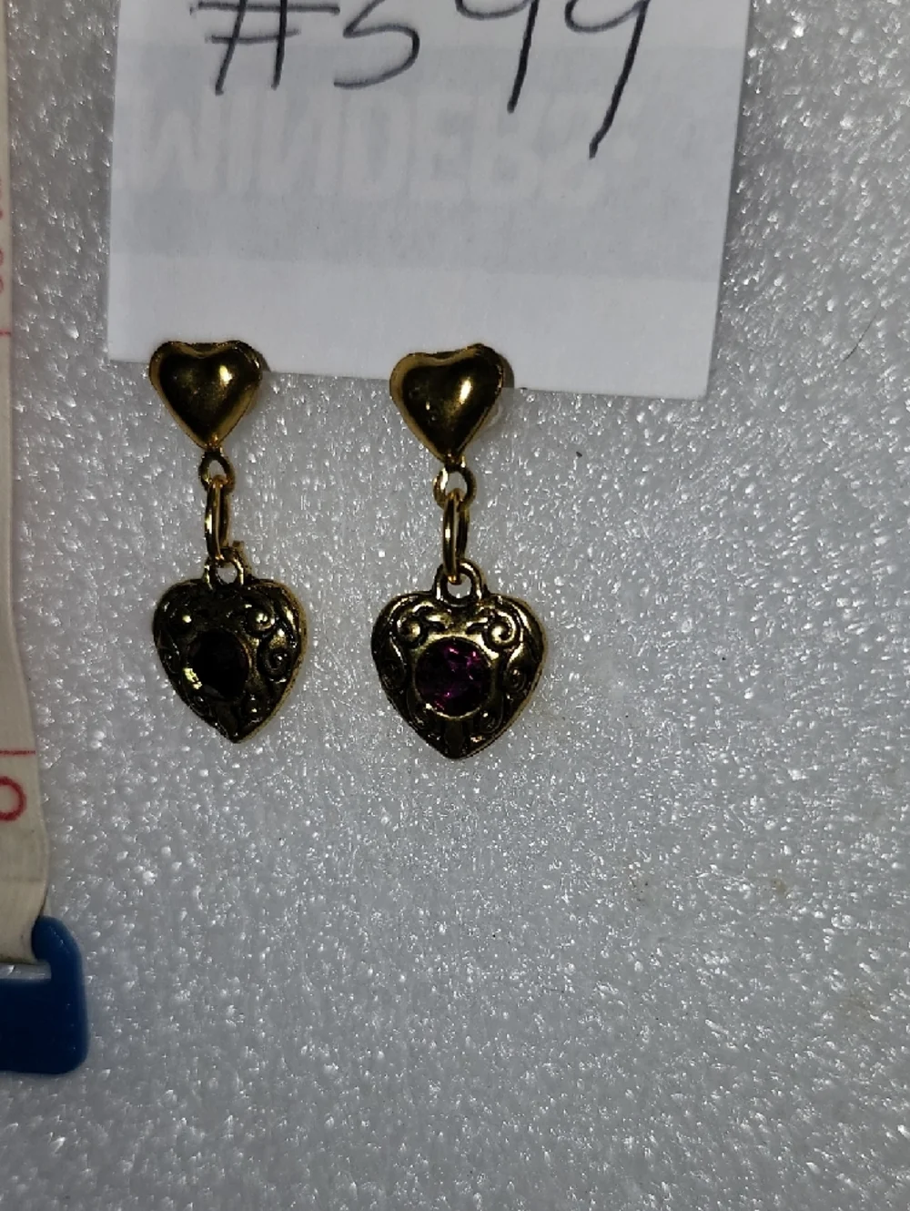 Hand Crafted Gold Heart Drop Earrings with Purple Stone